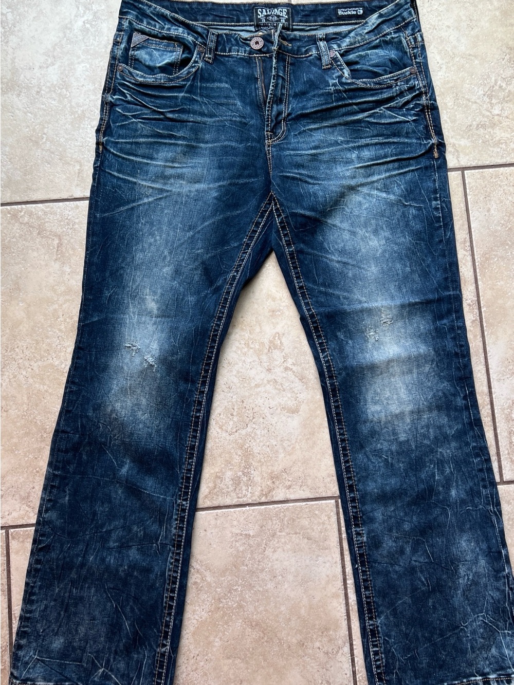 Buckle Distressed Dark Blue Bootcut Men’s Jeans